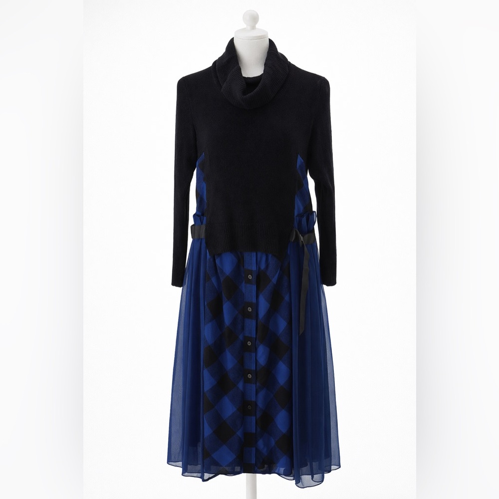Chic Black and Blue Plaid Long Sleeve Dress